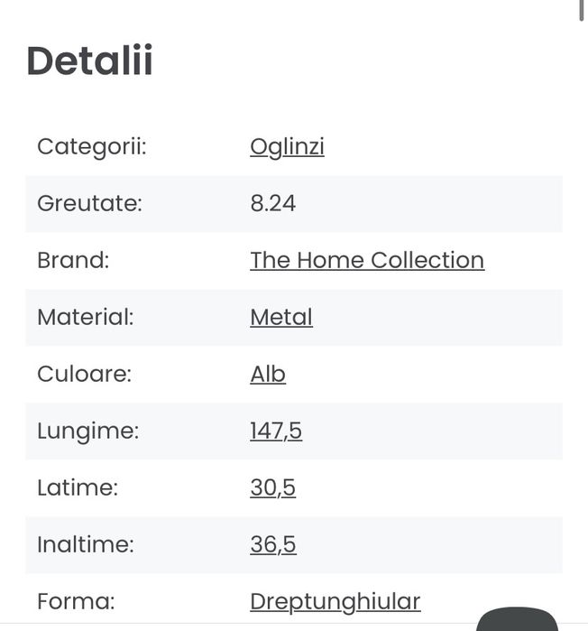 Oglinda dreptunghiulara alba din otel 37x148 cm
