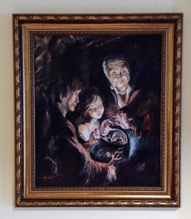 Tablou în ulei pe pânză:- Femeie bătrână cu un coș de cărbuni-