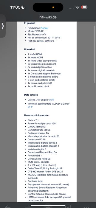 Pioneer vsx-921 150w canal