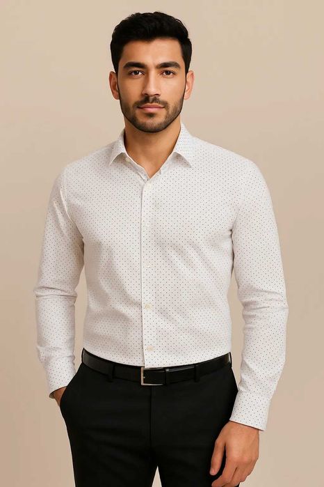 Белая рубашка мужская H&M slim fit, принт в точку