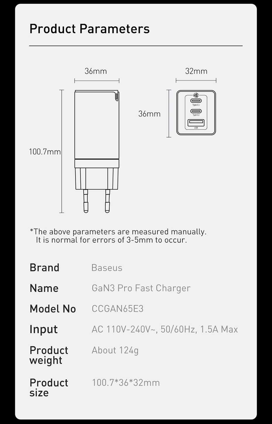 Baseus GaN3 Pro 65W Fast Charger 2C+U Three Ports With 100W Cable