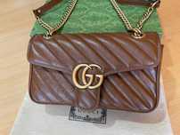 Чантa Гучи Оригинална Златна Дръжка GG Лого Marmont Кафява Кожа Gucci