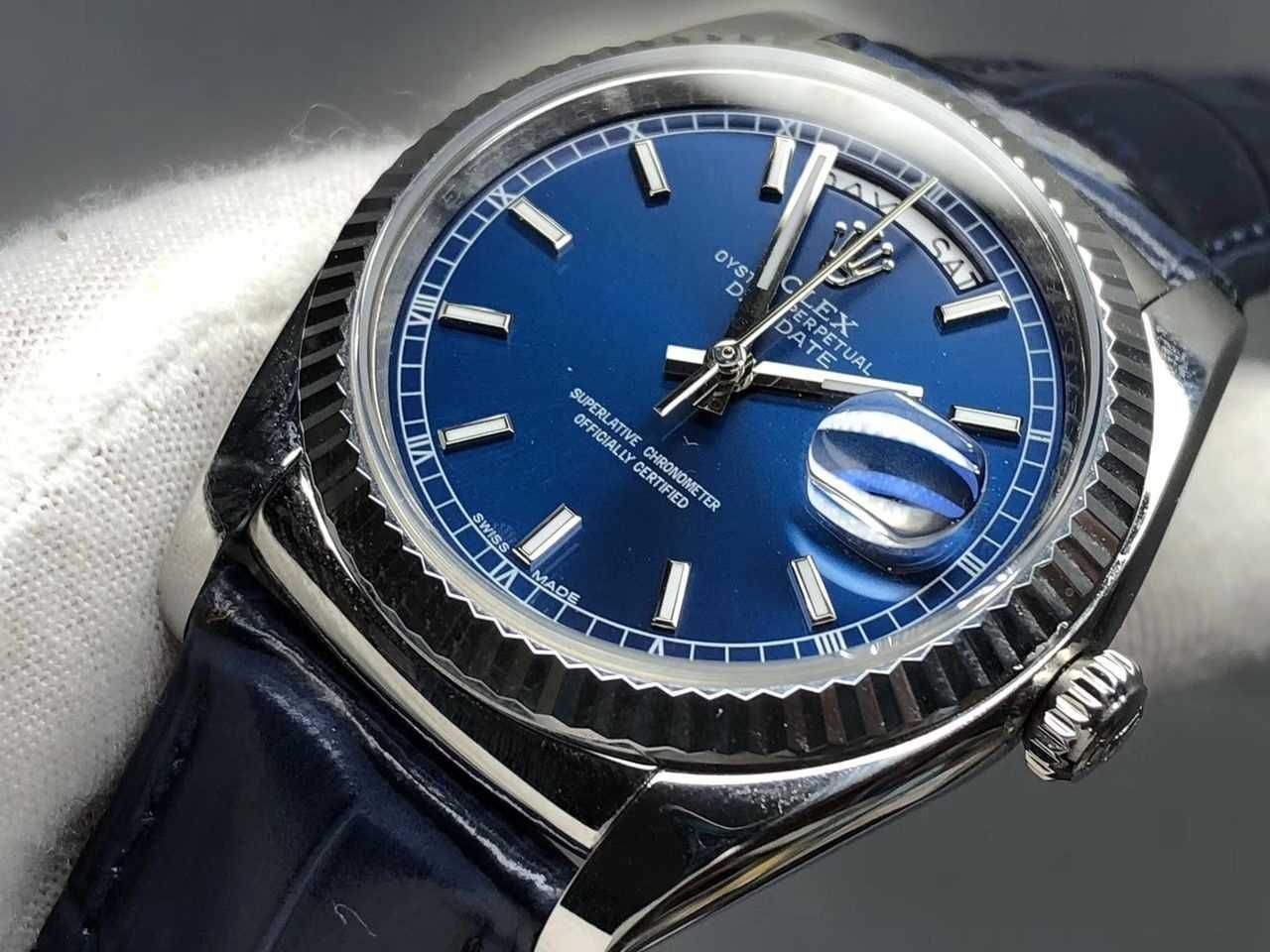 Rolex Day-Date 36 White Gold Fluted Bezel Blue Dial