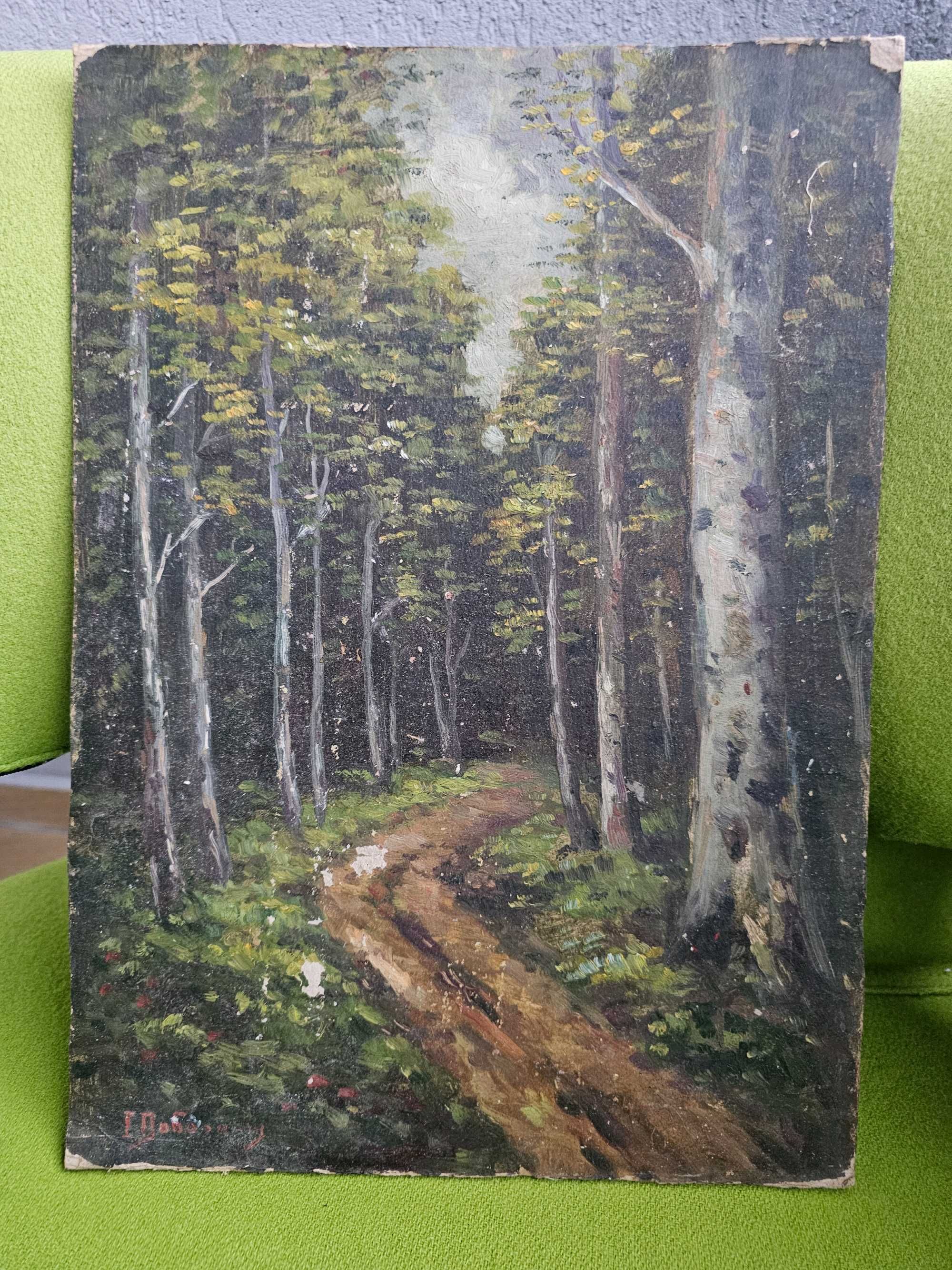 Pictura veche  ulei pe carton / in pădure / preț fix