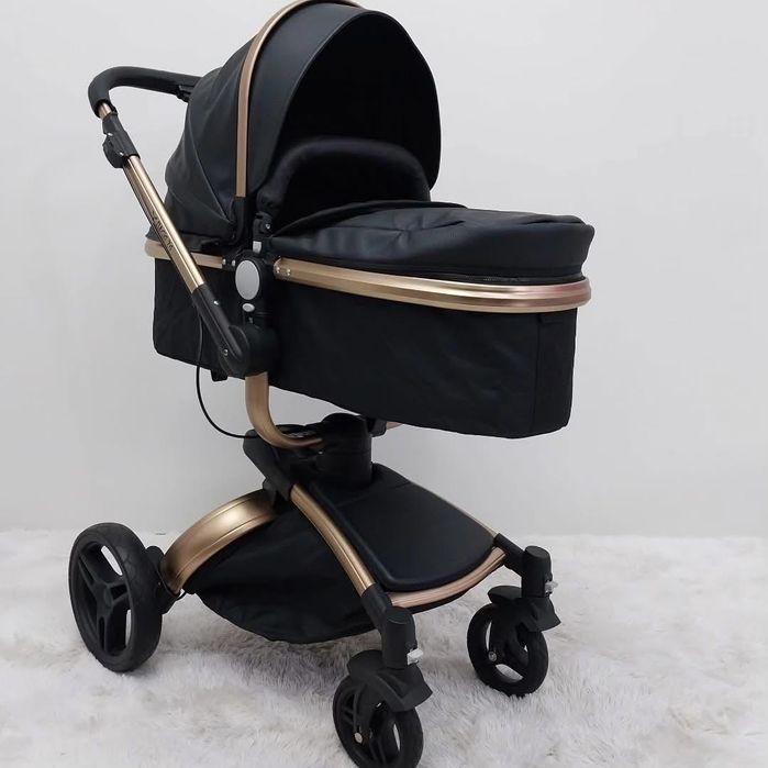 Cărucior 3in1 negru/piele rotire 360
