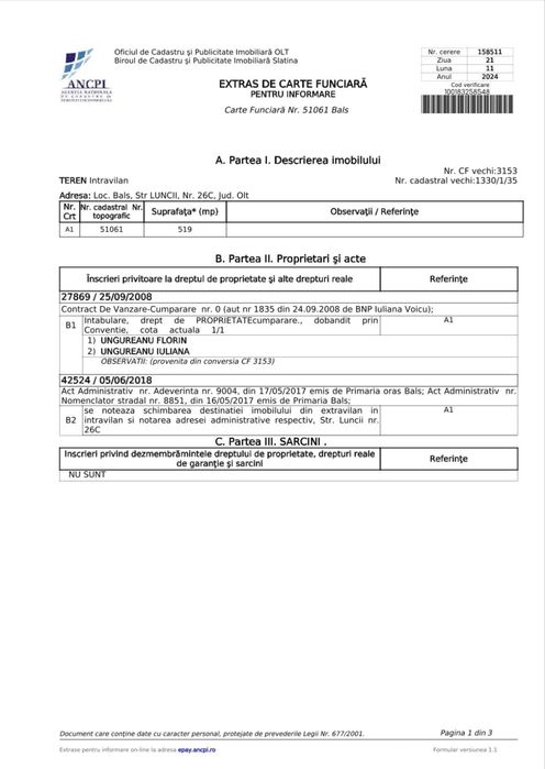 Teren de vanzare Bals Olt (intravilan)