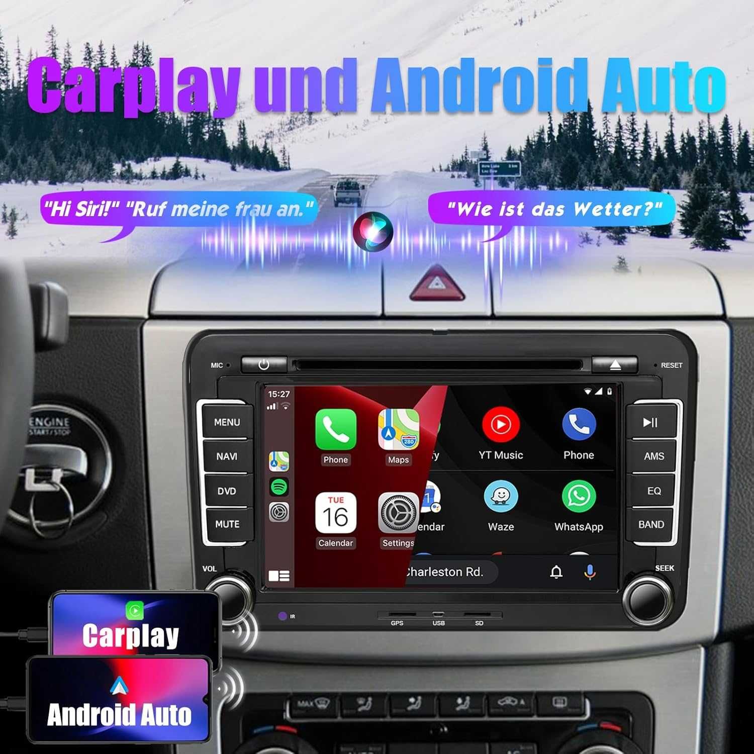 Мултимедия 2 DIN 7”, Bluetooth, DVD,SD,CarPlay/Android за VW Golf 5/6