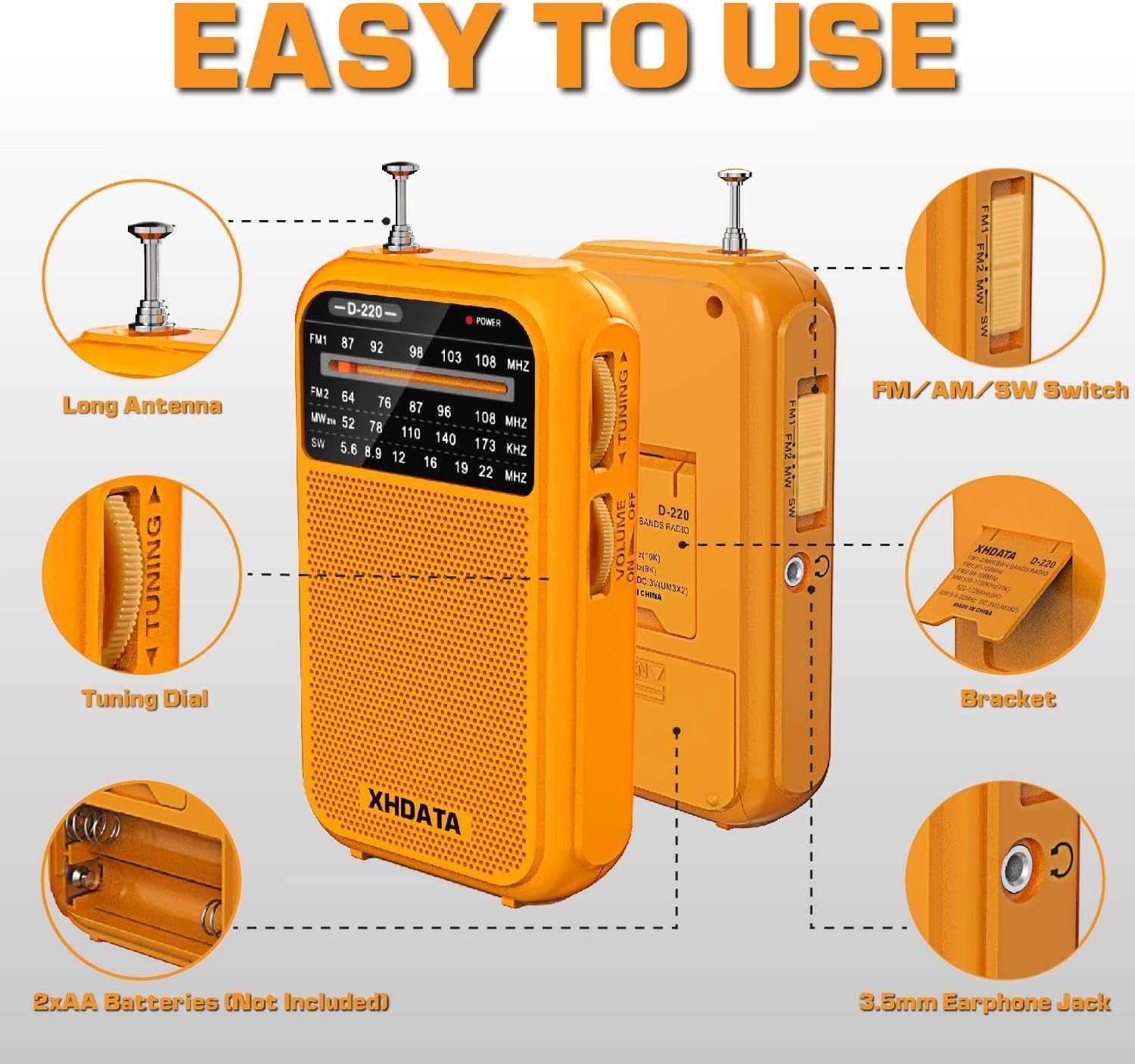 XHDATA D220 портативен FM 1-2, MW,SW радиоприемник-оранжев цвят