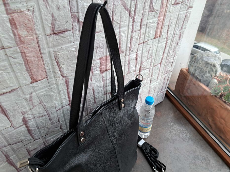 дамска чанта,черна кожена торба-естествена кожа