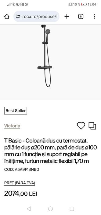 Coloana dus cu termostat Roca Victoria T Basic negru mat