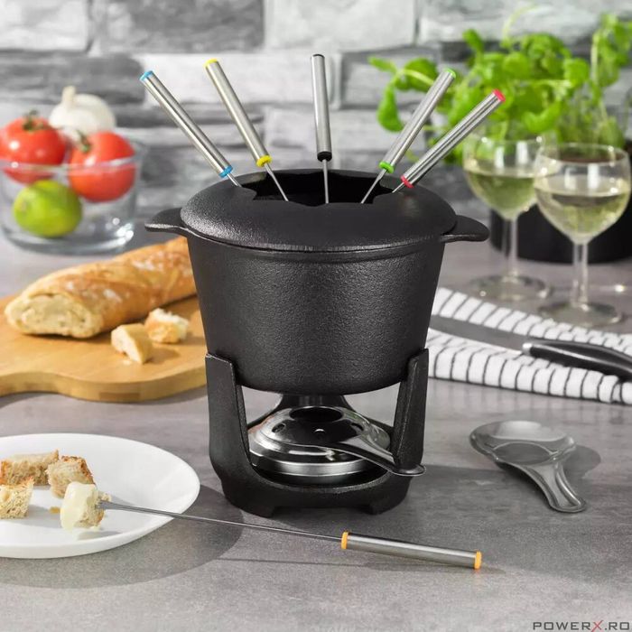 Set fondue, pentru branzeturi, ciocolata, cu 6 furculite, din fonta,