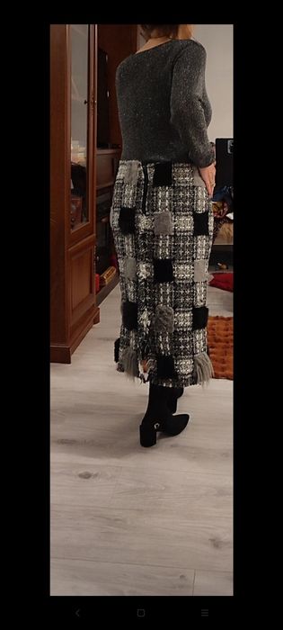 Fustă maxi din tweed patchwork, groasa, handmade, gri-negru cu detalii