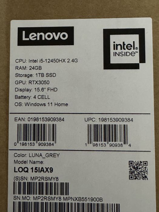 Laptop gaming lenovo LOQ 15iax9 i5-12450hx 24/ 1tb rtx 3050 - NOU