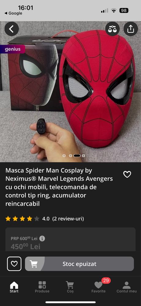 Masca Spider-man cu ochi mobili, telecomanda tip inel