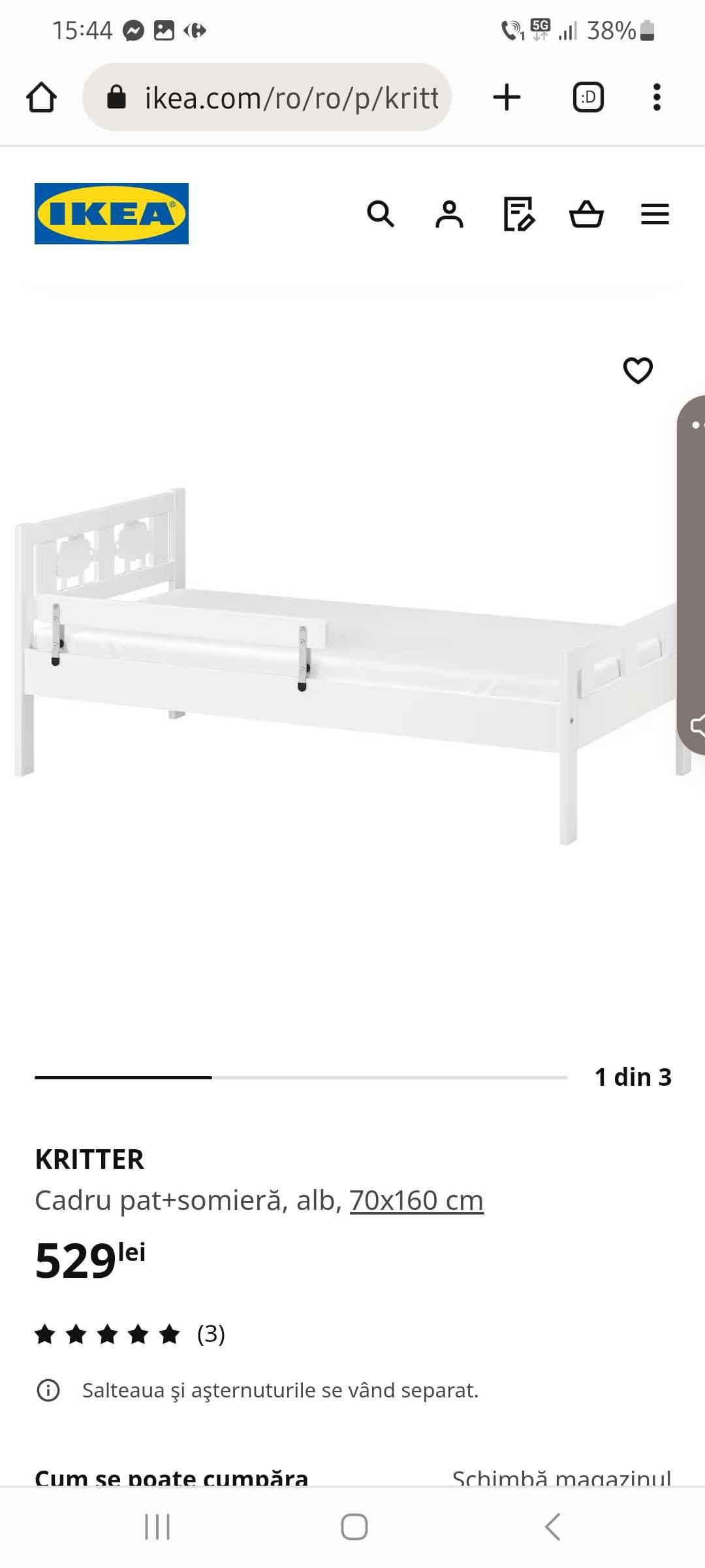 Pat Ikea pentru copii 70×160 cm, somiera, saltea si bara protectie