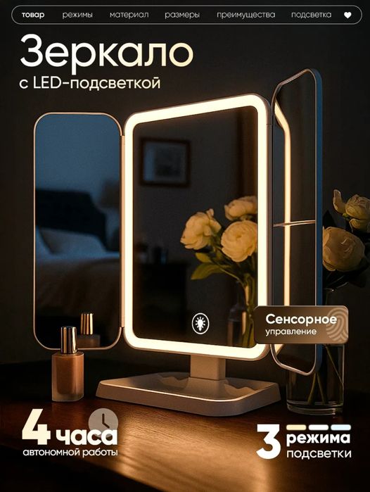 Зеркало настольное для макияжа с подсветкой косметическое USB