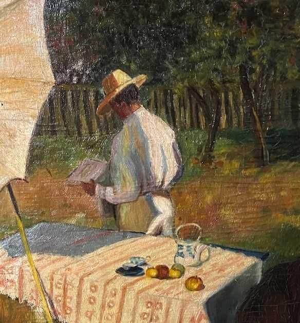 ”În grădină” Toblou foarte VECHI, ulei/cart, semnat, 60x50cm+rama