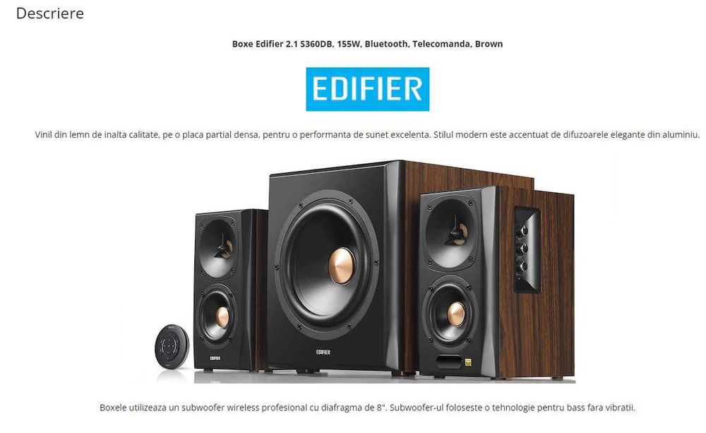 Boxe PC Edifier 2.1 S360DB, 155W, Bluetooth, Telecomanda, Brown