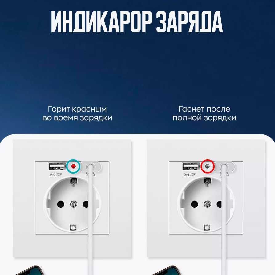 Розетка с зарядным устройством, 16 A, USB, 86*86 мм, 220 В