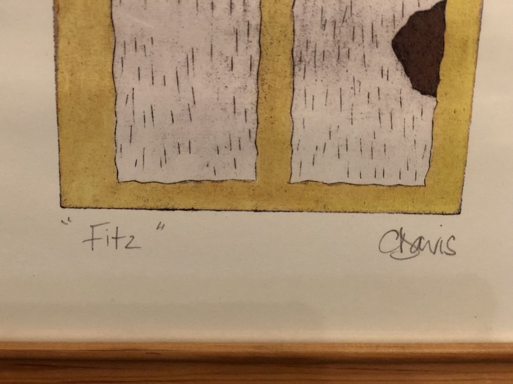 Tablou litografie semnata artist C. Davis, catel Fitz, inaltime 62 cm