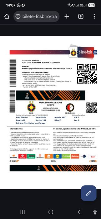 4 bilete la meciul Fcsb-Fayenord, zona vip 3