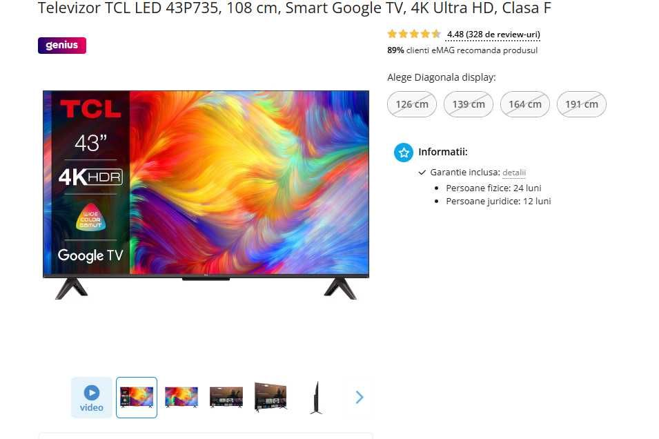 televizor tcl 4k 108 cm