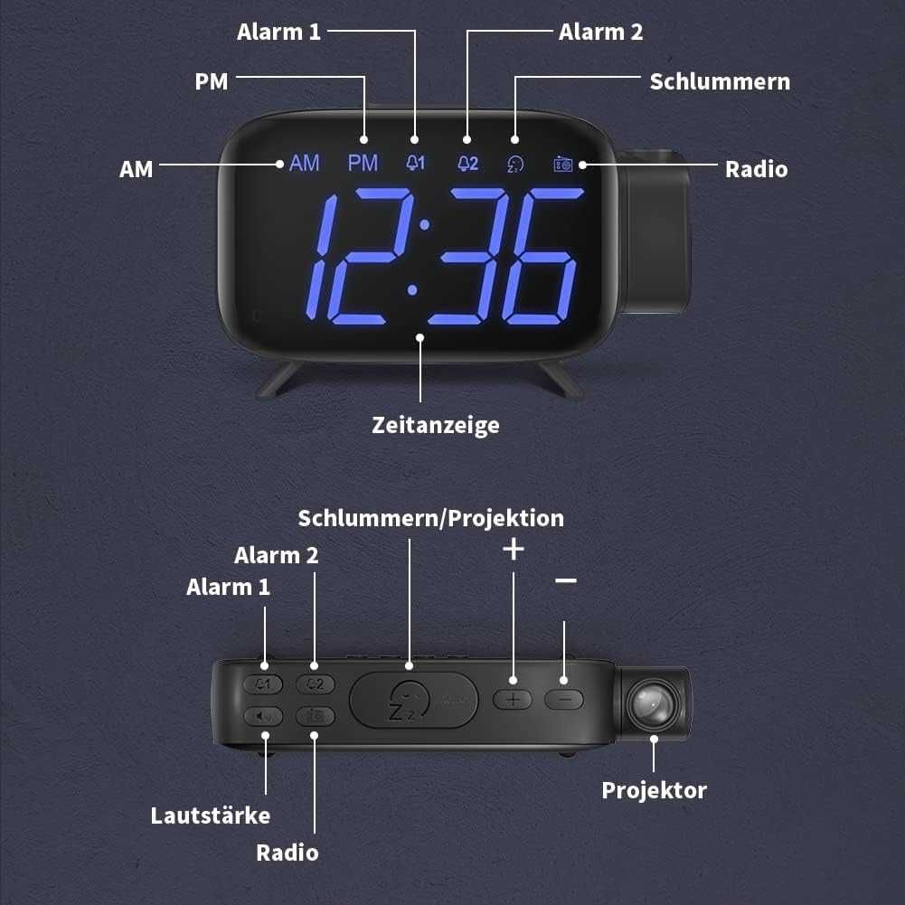 ELEHOT Прожекционен цифров будилник с въртяща се на 180° проекция
