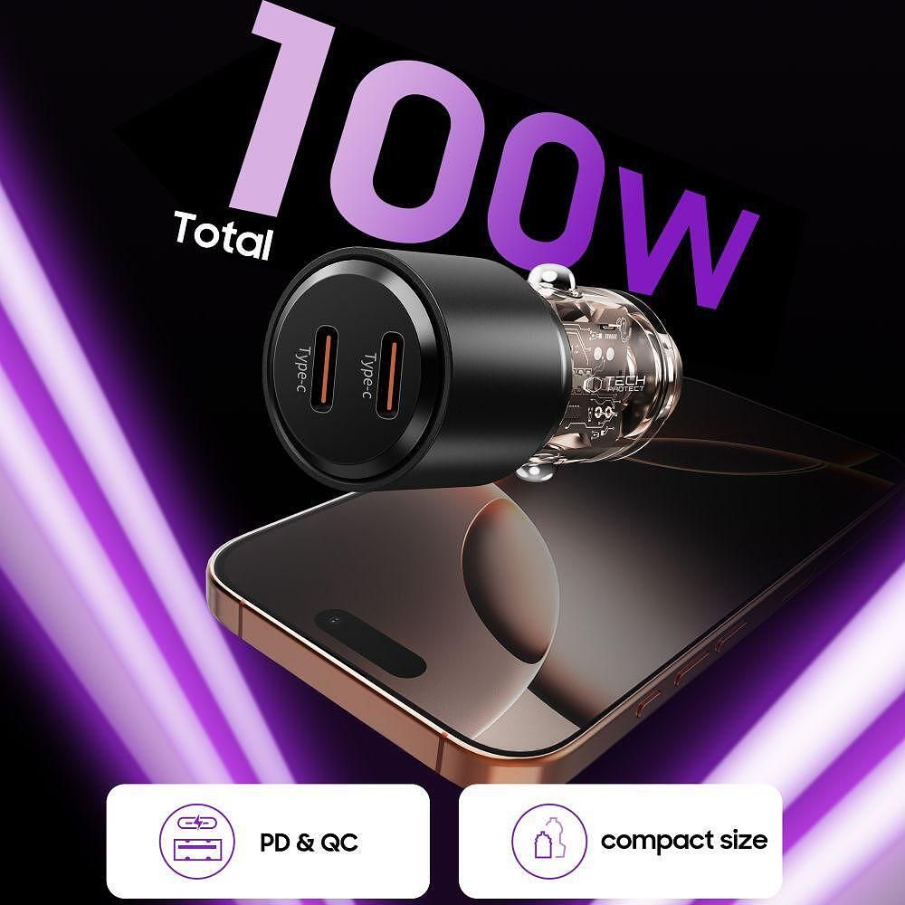 Зарядно за кола tech-protect cc03 2-port car charger pd100w – черно