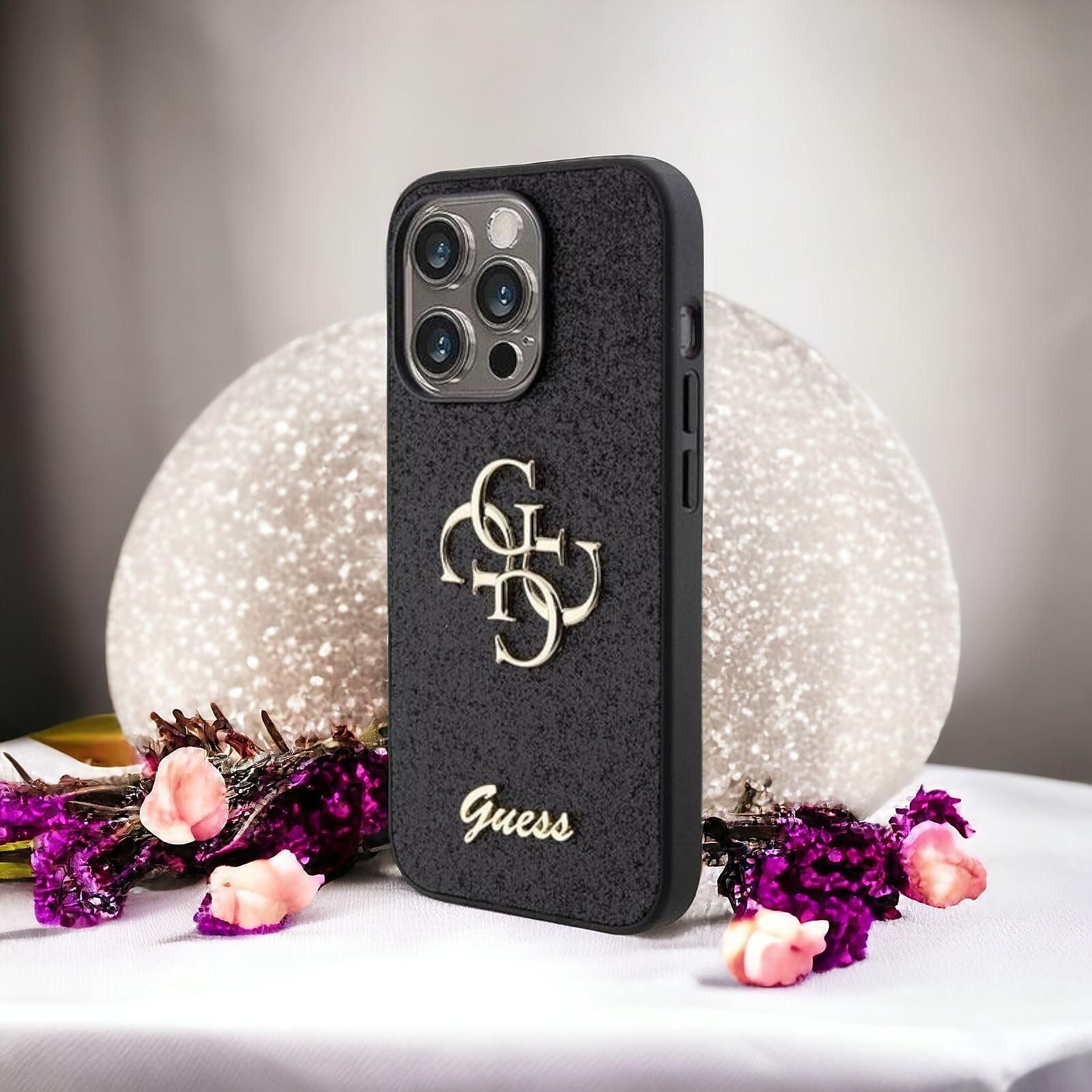 Кейс guess за iphone 15 pro 6.1" glitter script 4g black