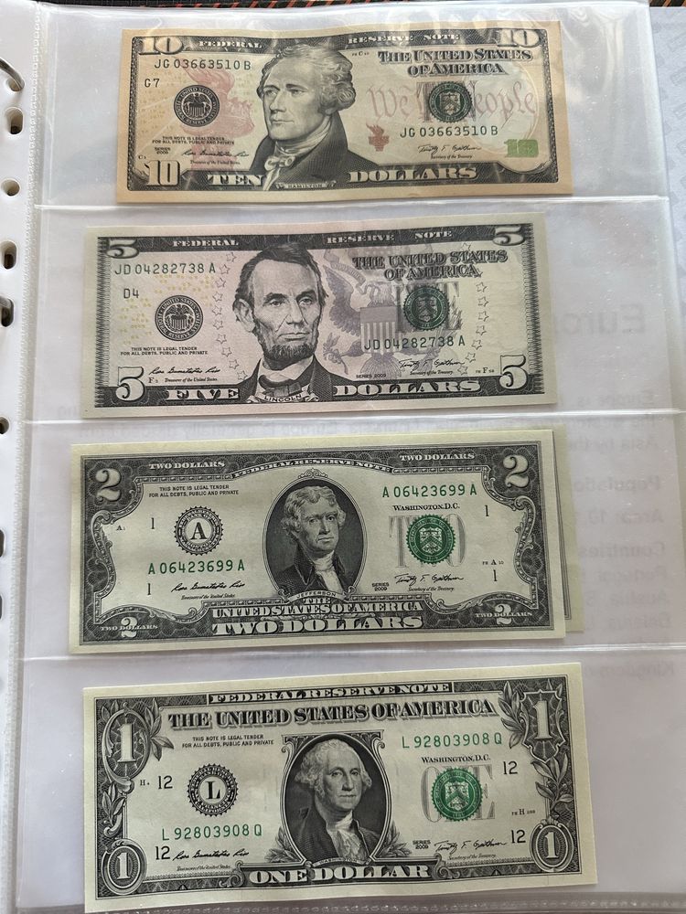 5 bancnote UNC colectie Dolari 1 , 2 , 2 , 5 , 10