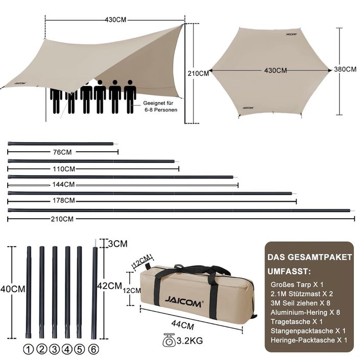 Prelată Protecție Solară JAICOM 3,7 x 4,3 m Impermeabilă și Ultralight