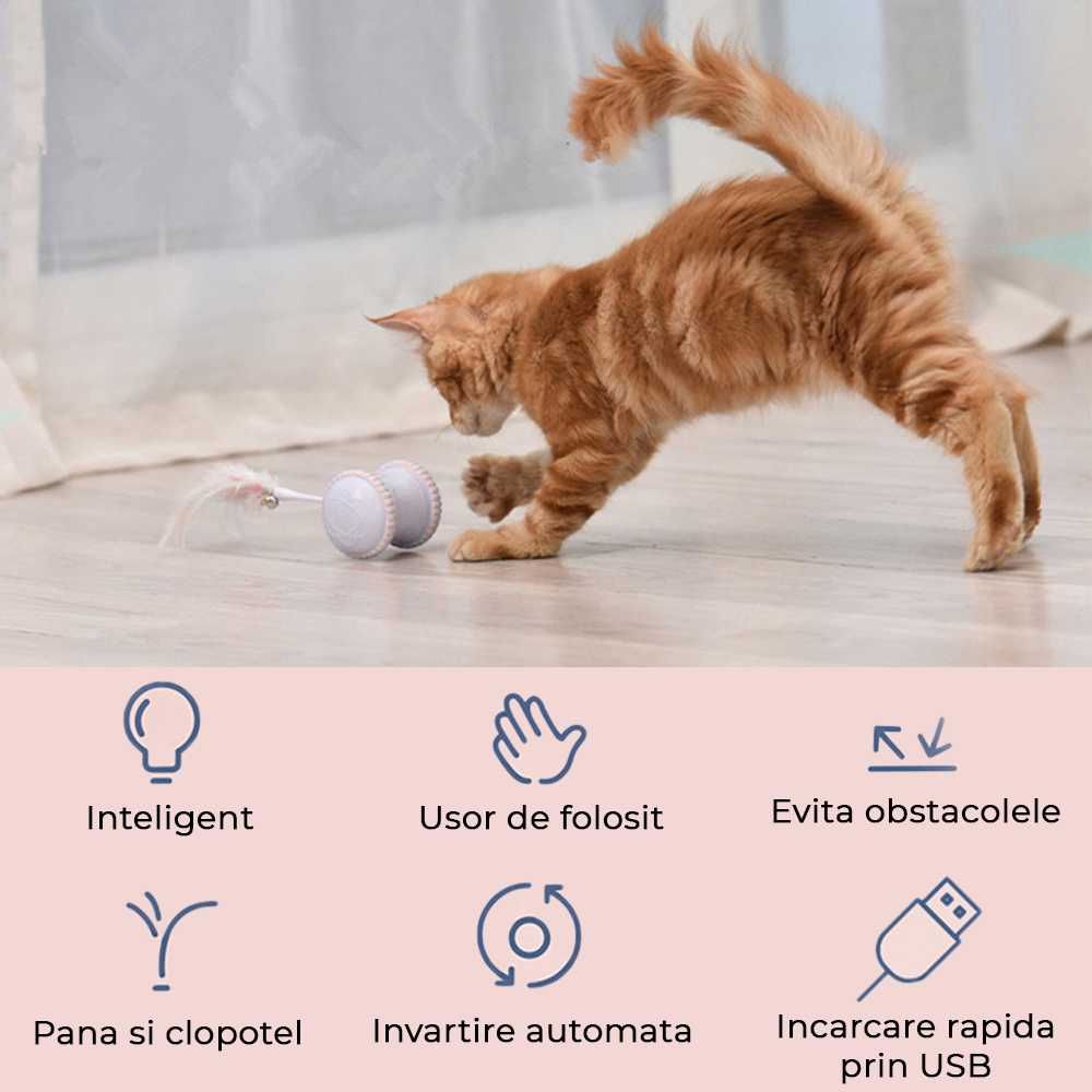 Jucarie pisica interactiva, rotativa, electrica cu pana si clopotel