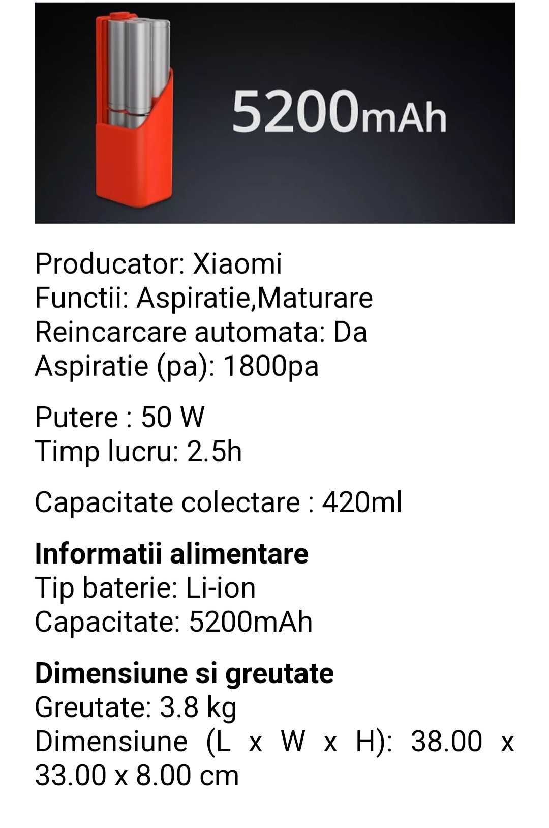 Xiaomi Mi Robot Vacuum,50 W, Clasa A+++ ,5200mAh, 14,4V Smart Vision