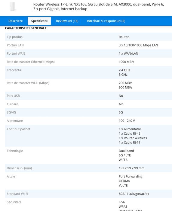 Router TP-LINK NX510V v1 Wireless 5G Wi-Fi 6 cu Slot de SIM
