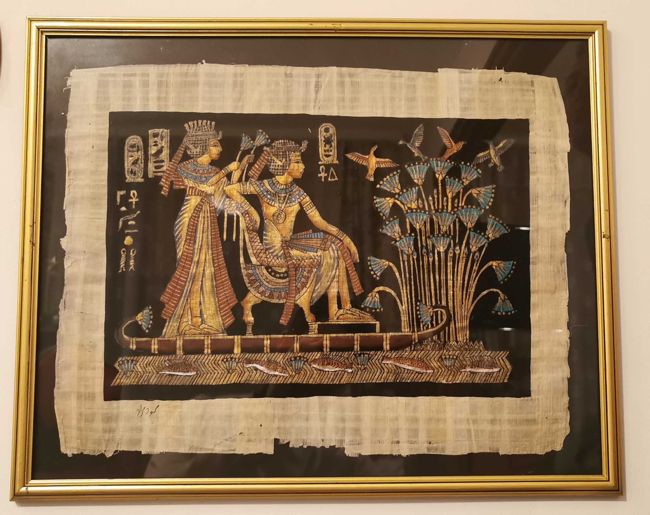 Picturi egiptene pe papyrus, realizate manual, semnate