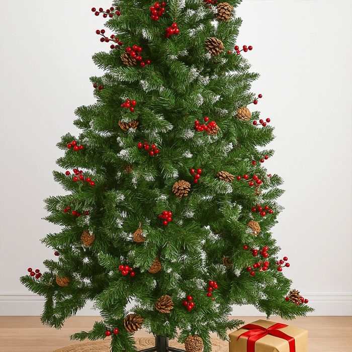 Изкуствена елха Luxury Diamond с червен глог и шишарки