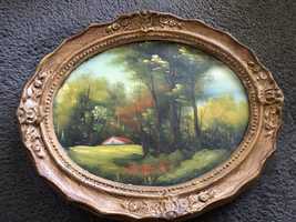 Tablou ,pictura germana in ulei pe lemn,casa din padure