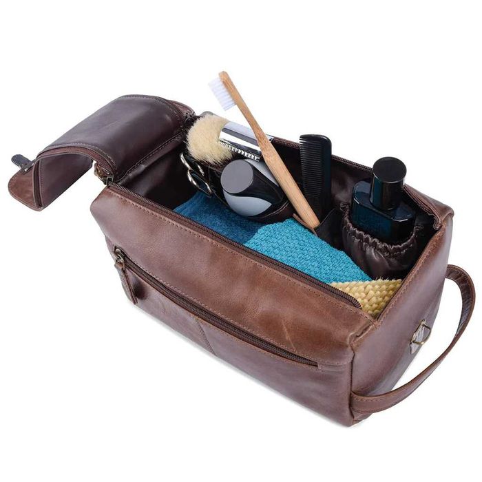 Geanta cosmetice piele naturala maro coniac unisex, REDUS de la 350RON