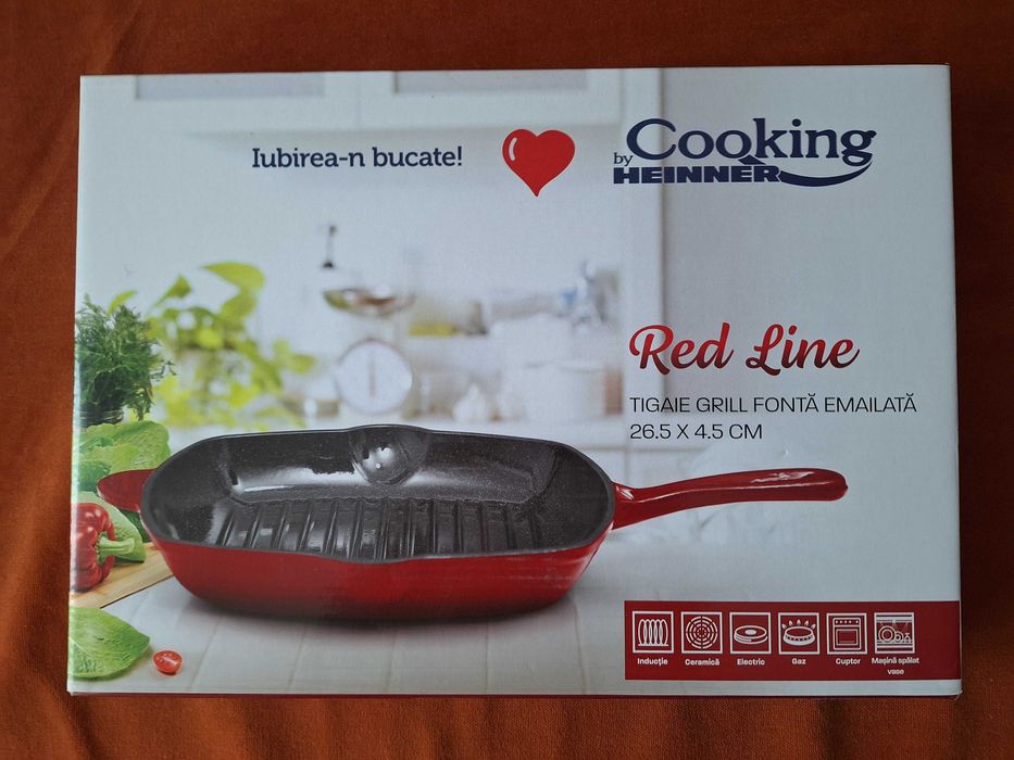 Tigaie grill fonta emailata, rosie, 27x27 cm, Cooking by Heinner Red