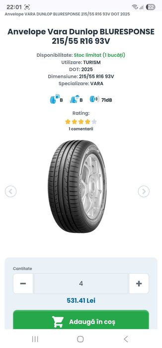 Vand 4 roți cu jante Dezent si cauciucuri Dunlop Blueresponse