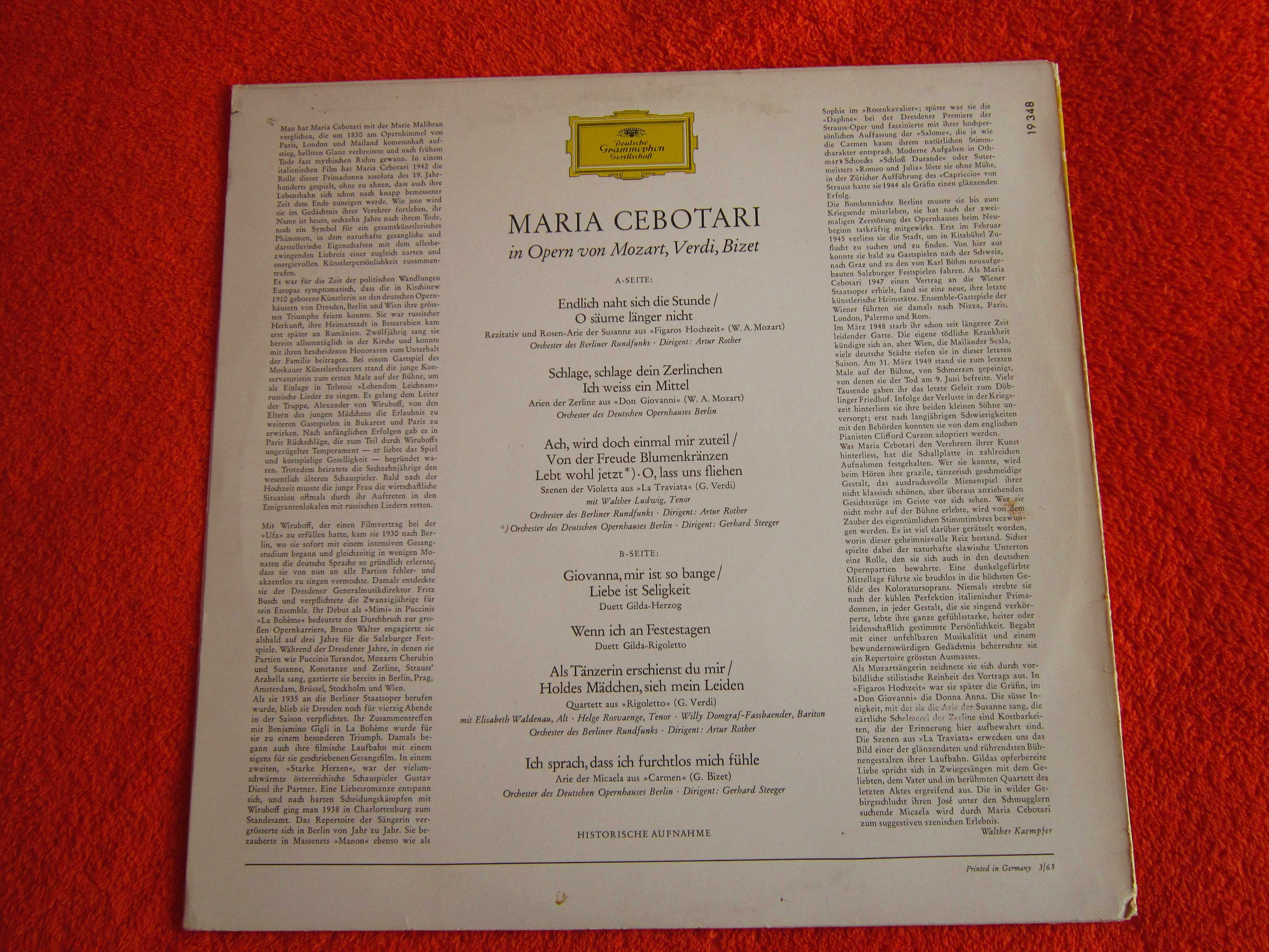 vinil rar celebra soprana romanca Maria Cebotari -Germania 1965