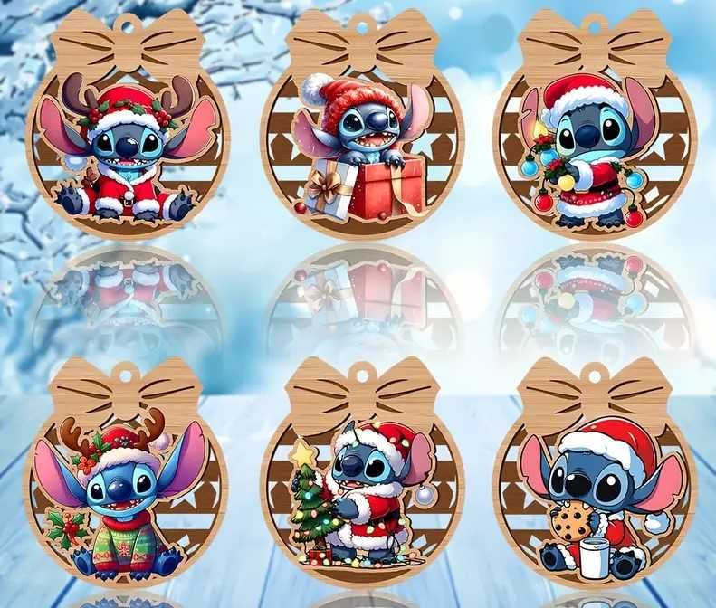 Коледна декорация Stitch/Стич – дървени топки за елха и коледни чорапи