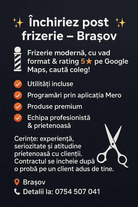 Scaun/Post de frizerie de inchiriat