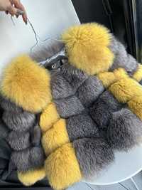 Естествен косъм лисица палто яке сиво жълто