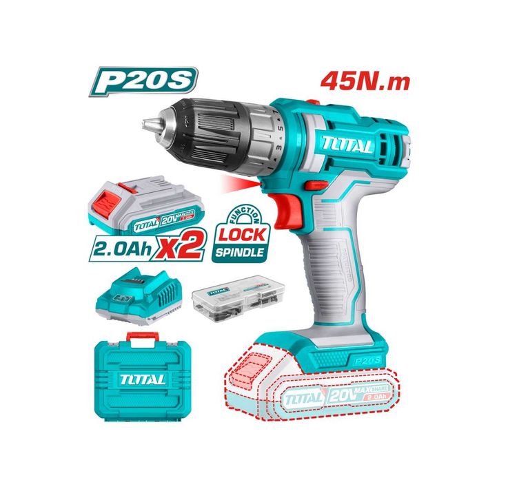 Акумулаторен винтоверт TOTAL 20 V, 2 x 2.0 Ah Li-Ion+ аксесоари
