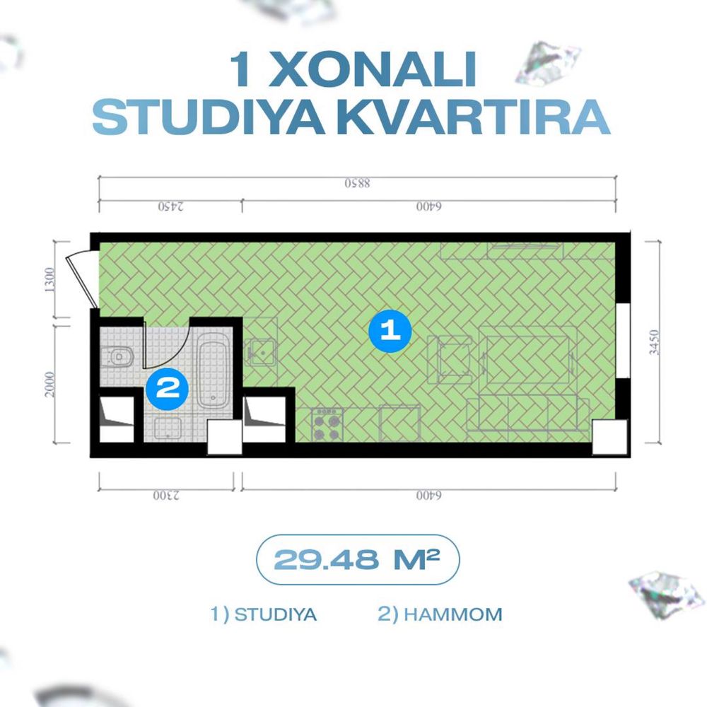 1 xona kvartira studio