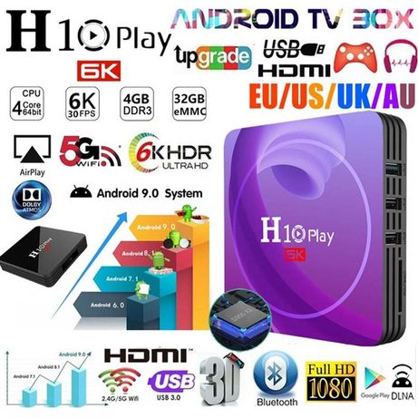TV box H10 PLAY, Full HD,6K,Android 9,0, 4+32/64 ГБ,1000 м