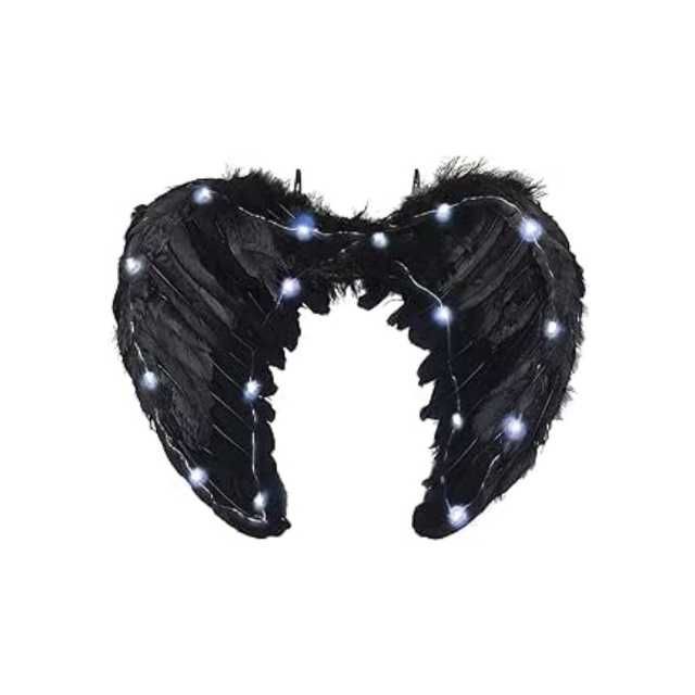 Aripi de inger cu pene negre si luminite, 60 cm