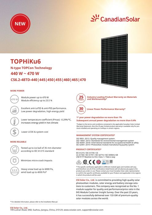 Panouri fotovoltaice Canadian Solar 460W TOPHiKu6(CS6.2-48TD-460)
