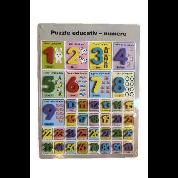 Puzzle educativ din lemn cu 37 de piese, tematica numere si simboluri